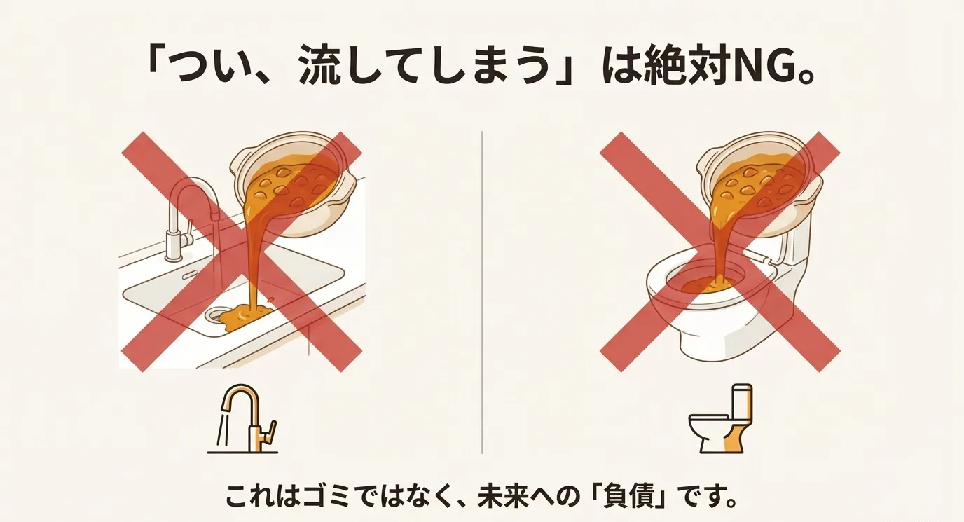 キッチンやトイレにカレーを流しているイラストに、大きく赤いバツ印がついている画像。排水溝詰まりの原因になるため禁止であることを示している。