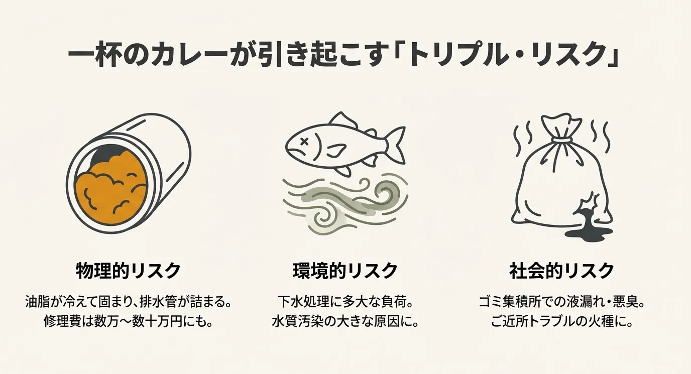 排水管が詰まる物理的リスク、魚が死んでしまう環境的リスク、ゴミから悪臭が漏れる社会的リスクの3つを表現したイラスト。