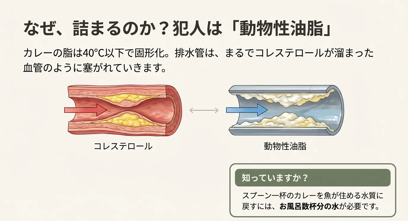 動物性油脂が冷えて固まり、排水管の内側に付着して狭くなっている断面図。血管にコレステロールが溜まる様子に例えられている。