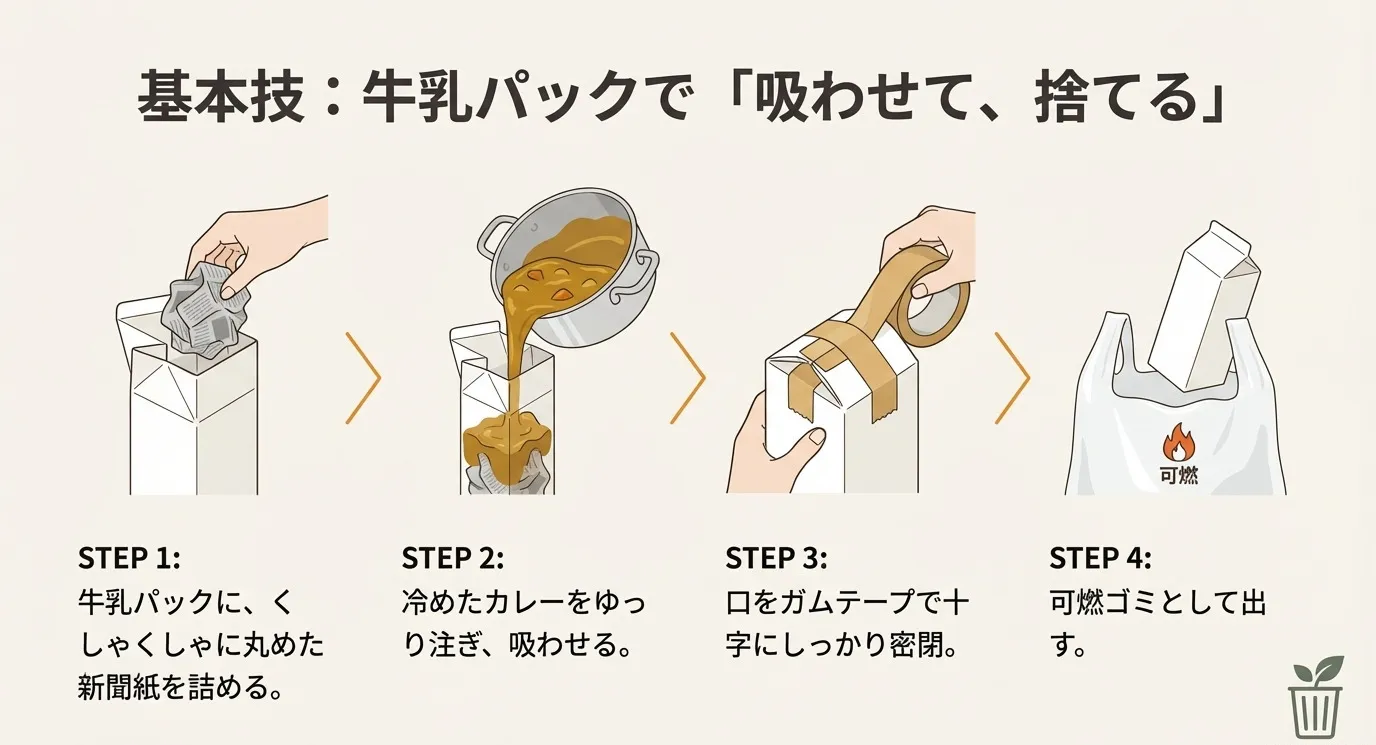 牛乳パックに新聞紙を詰め、カレーを注ぎ、ガムテープで密閉して可燃ゴミに出すまでの4段階の手順を解説したイラスト。