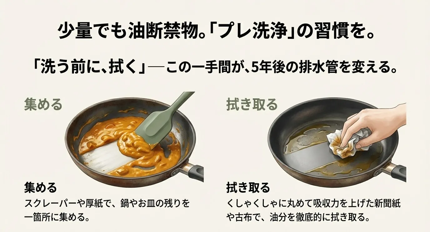 フライパンに残ったカレーの汚れを、洗う前に紙で拭き取っているイラスト。「集める」「拭き取る」というプレ洗浄の工程を示している。