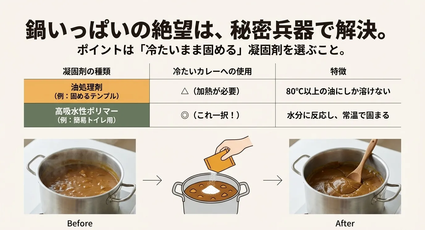 油処理剤と高吸水性ポリマーの違いを比較した表。冷たいカレーには加熱不要で固まる高吸水性ポリマー（簡易トイレ用など）が適していることを解説している。