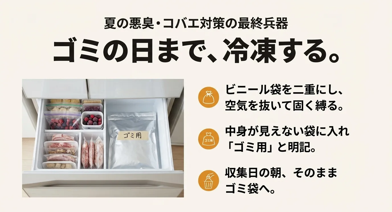 冷凍庫の引き出しの中に、食品とは区別された「ゴミ用」と書かれた袋が保管されている写真。夏場のニオイ対策として紹介されている。