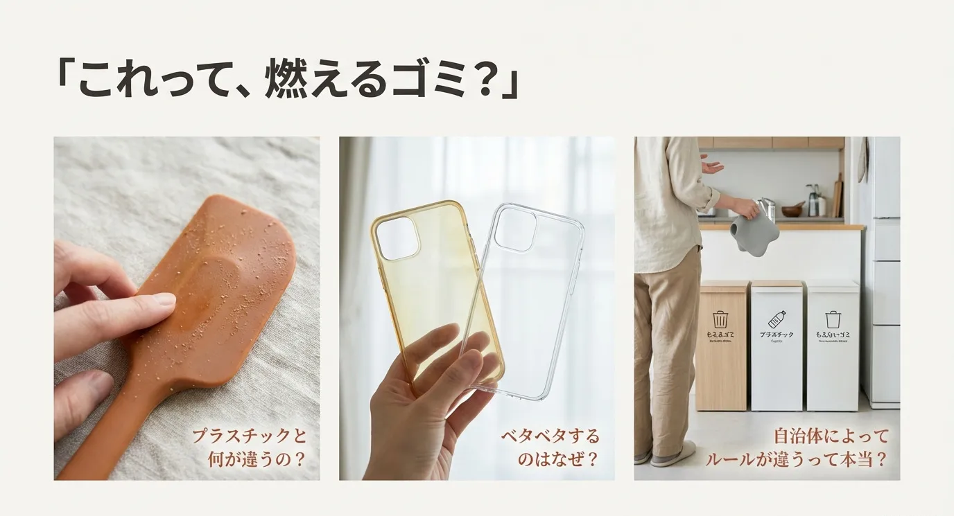 ベタつくシリコンヘラ、黄ばんだスマホケース、ゴミ箱の前に立つ人のイラスト。「プラスチックと何が違うの？」「ベタベタするのはなぜ？」という問いかけ。