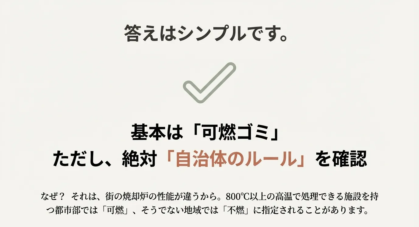 大きなチェックマークとともに「答えはシンプルです。基本は可燃ゴミ。ただし絶対自治体のルールを確認」と書かれたスライド。