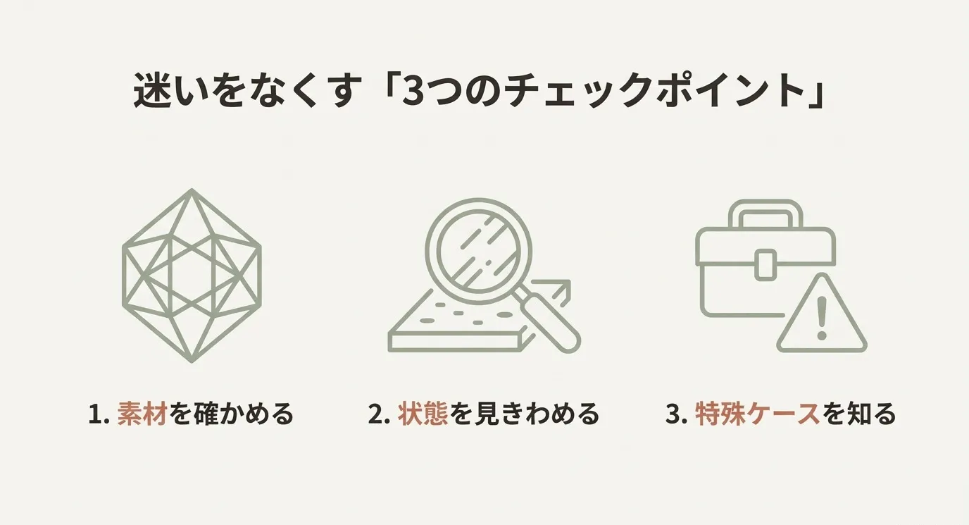 シリコン製たこ焼き器の画像。「CHECK 1 素材：プラスチックじゃない？決定的な違いはプラマークの有無。シリコン製品にこのマークはありません」という解説。