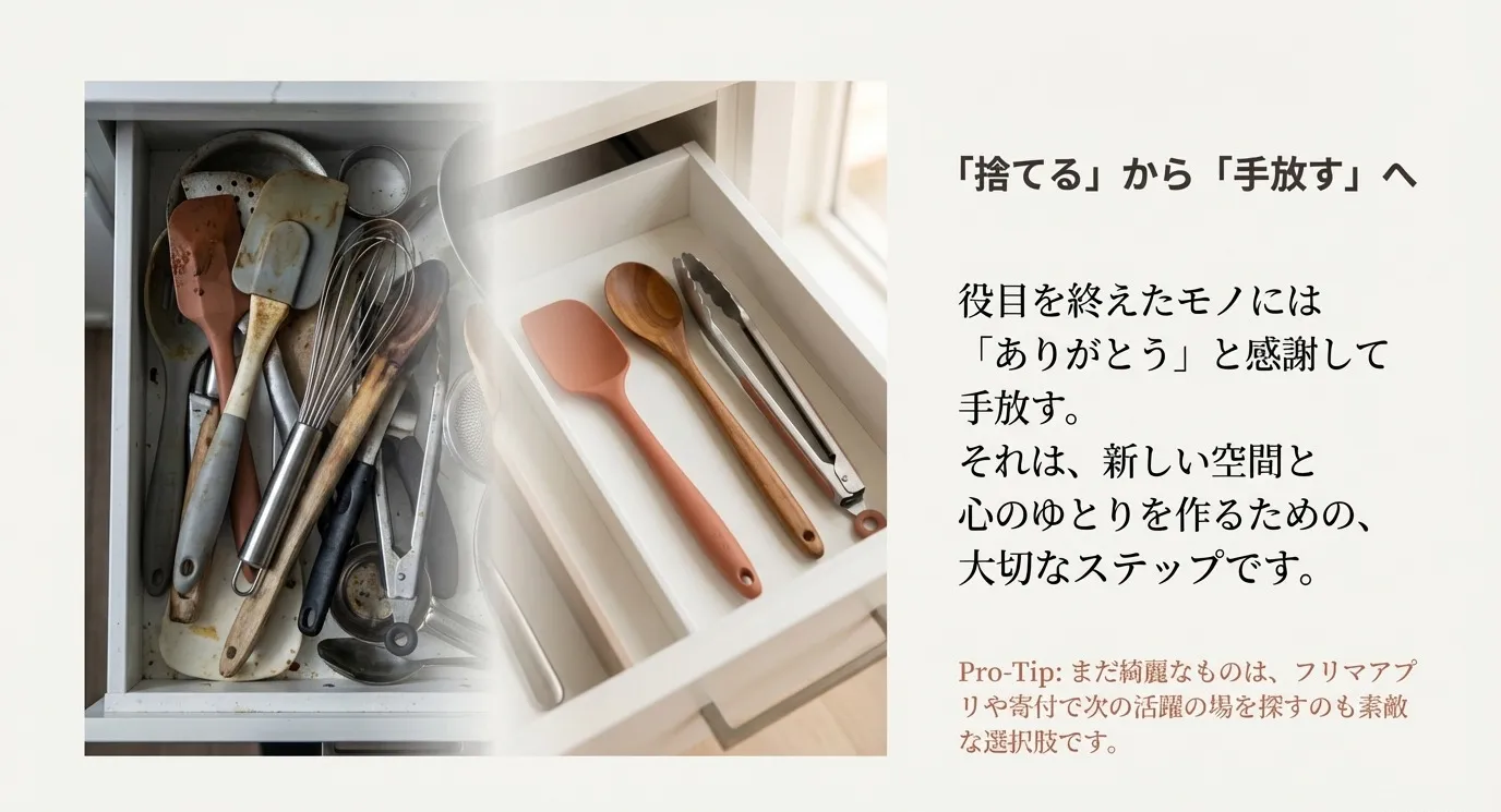 きれいに整頓されたキッチンツールの引き出し画像。「捨てるから手放すへ。役目を終えたモノにはありがとうと感謝して手放す」というメッセージ。