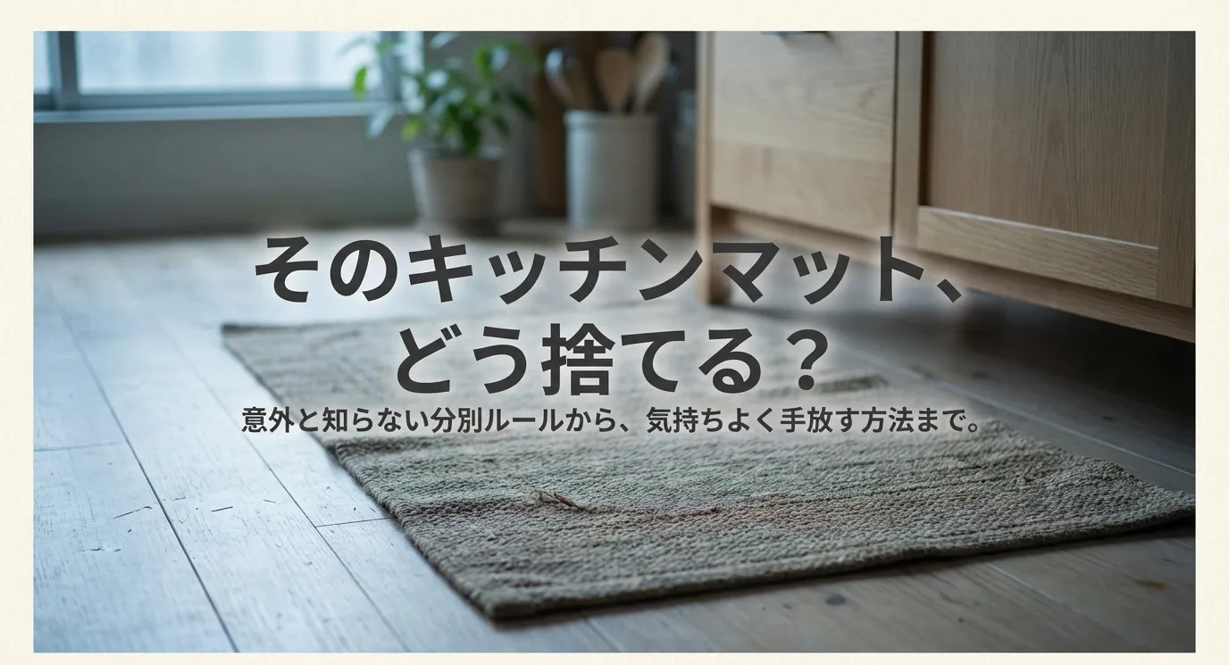 キッチンマットの捨て方についてのタイトルスライド。分別ルールから気持ちよく手放す方法までを解説。