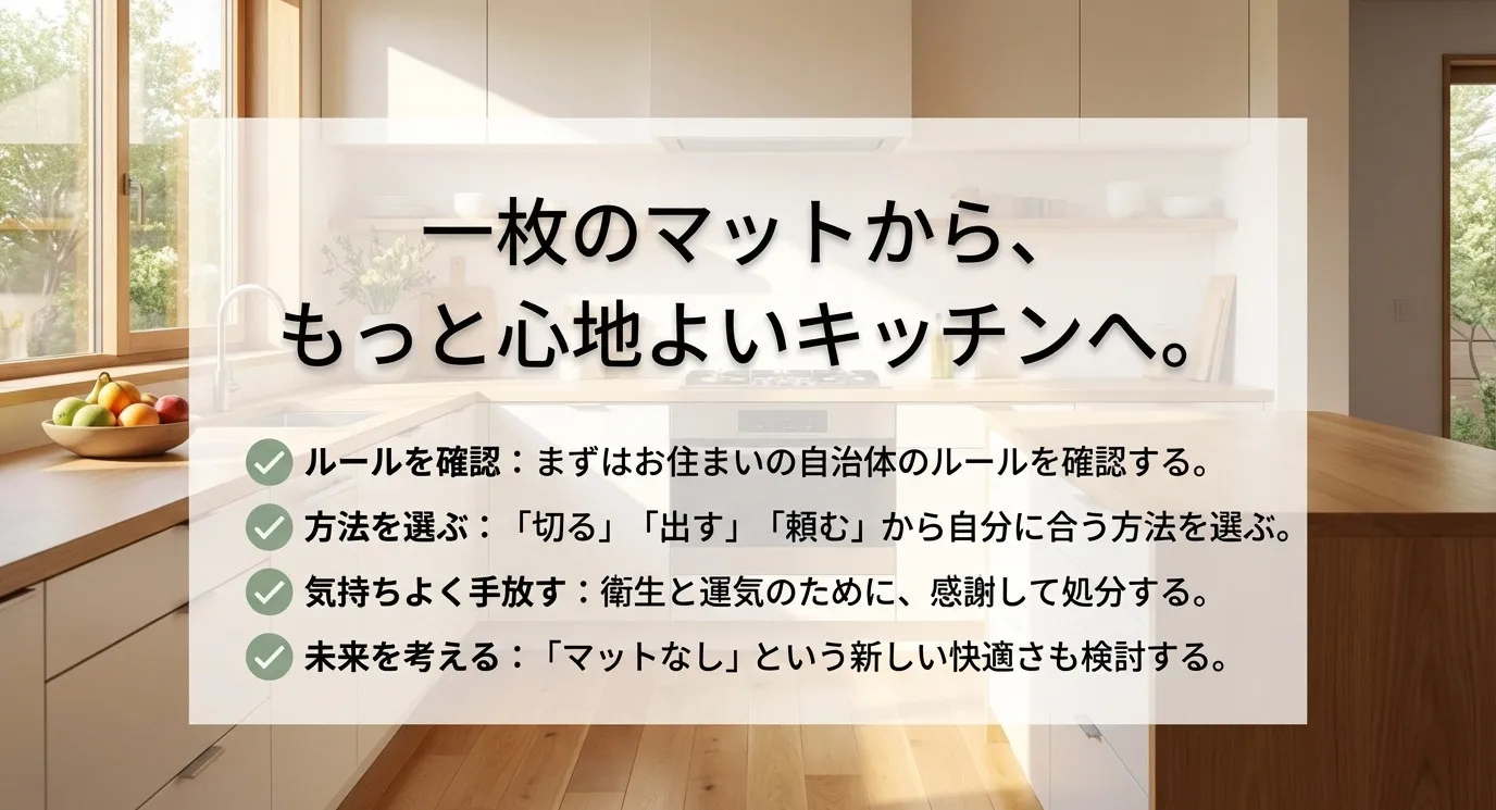 記事のまとめスライド。ルール確認、方法の選択、気持ちよく手放す、未来を考えるという4つのステップの総括
