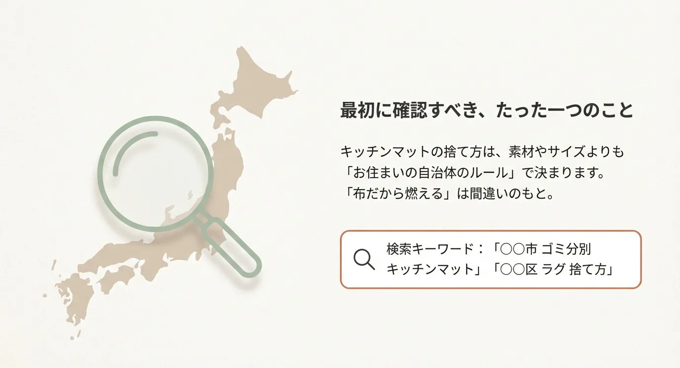 素材やサイズよりも「自治体のルール」が優先されることを説明するスライド。検索キーワードの例として「〇〇市ゴミ分別」などが記載されている。