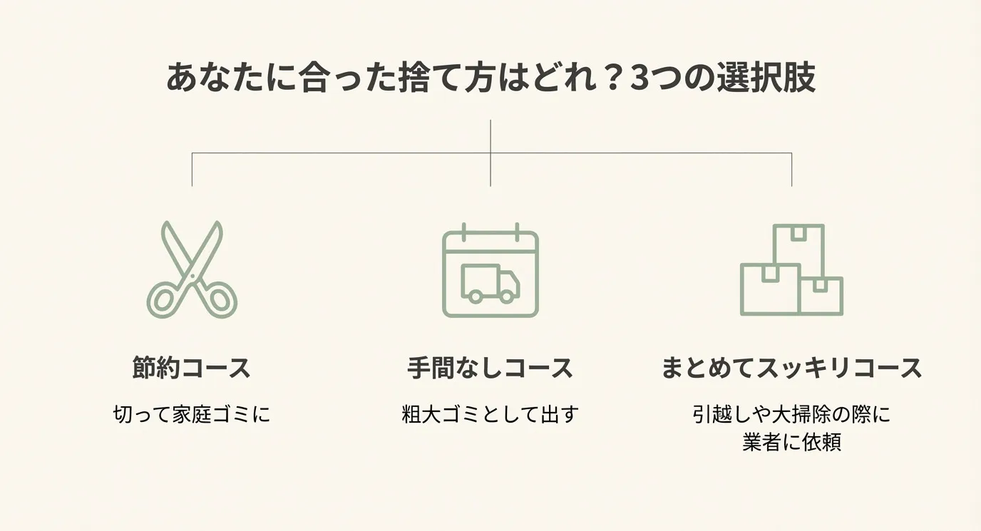 キッチンマットを捨てる3つの方法。「節約コース(切って家庭ゴミ)」「手間なしコース(粗大ゴミ)」「まとめてスッキリコース(業者に依頼)」のイラスト解説