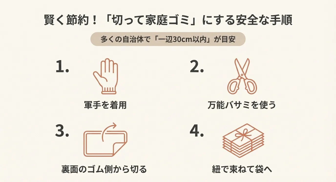 キッチンマットを切って捨てる手順。軍手を着用し、万能バサミを使って裏面のゴム側から切り、紐で束ねるまでのイラスト解説。