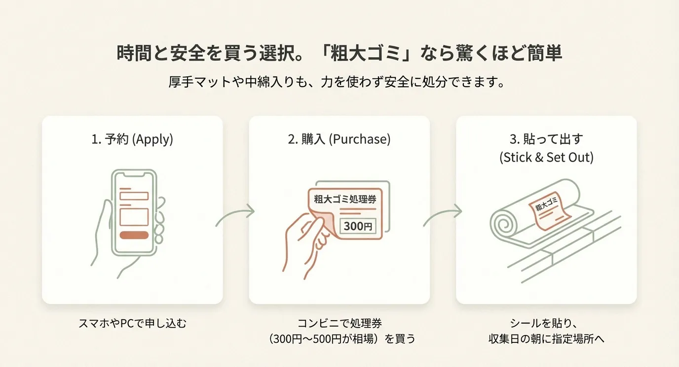 粗大ゴミとして出す手順。スマホでの予約、処理券の購入、指定場所へ出すまでの3ステップ解説。