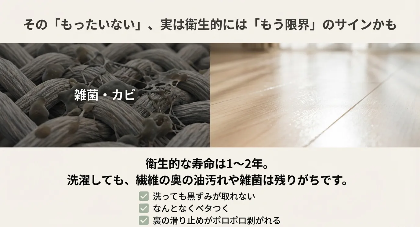 マットの衛生的な寿命は1〜2年。黒ずみが取れない、ベタつく、滑り止めが剥がれるなどのチェックリスト。