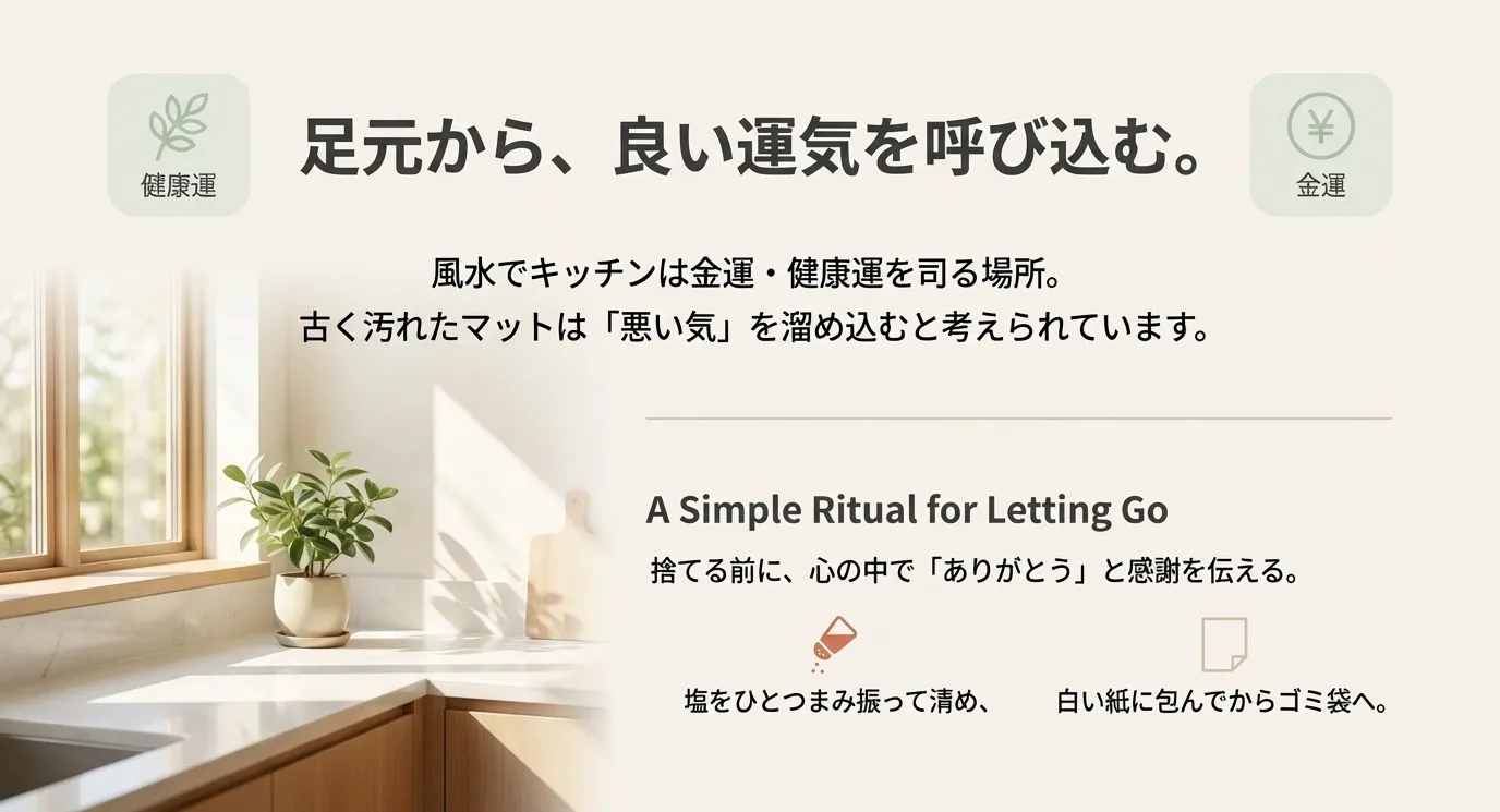 風水の観点からの手放し方。感謝を伝え、塩で清めてから捨てる手順のイラスト