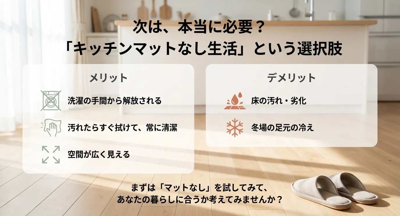 マットなし生活のメリット(洗濯不要、清潔)とデメリット(床の汚れ、冷え)を比較する天秤のイラスト。