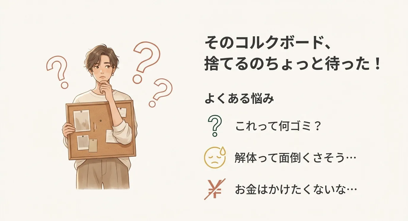 コルクボードを手に持ち、「これって何ゴミ？」「解体って面倒くさそう」「お金はかけたくないな」と悩んでいる男性のイラスト