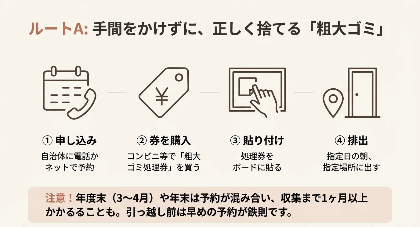ルートAの手順解説図。①申し込み、②処理券の購入、③貼り付け、④排出という粗大ゴミを捨てるまでの流れを示したイラスト
