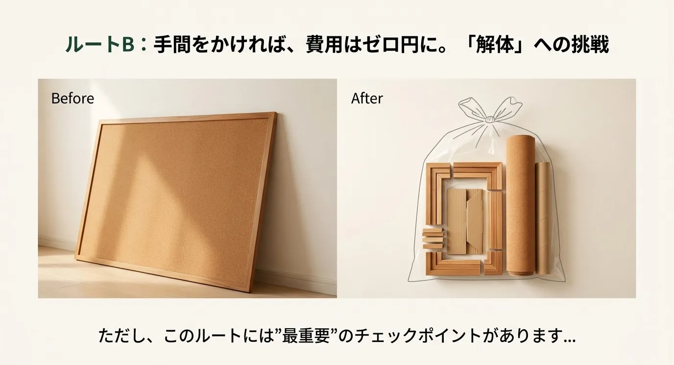 ルートB：解体への挑戦。大きなままのコルクボード（Before）と、解体されてゴミ袋に入った状態（After）の対比図