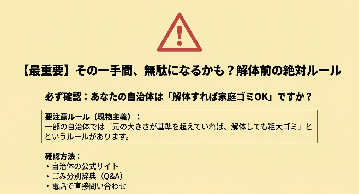 警告マークのイラスト。「最重要：その一手間、無駄になるかも？解体前の絶対ルール」として、自治体が「解体すれば家庭ゴミOK」かどうか確認することを促すスライド。