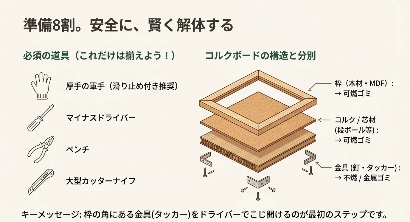 コルクボードの分解イラスト（枠、コルク・芯材、金具）と、解体に必要な道具（軍手、ドライバー、ペンチ、カッター）をまとめた図