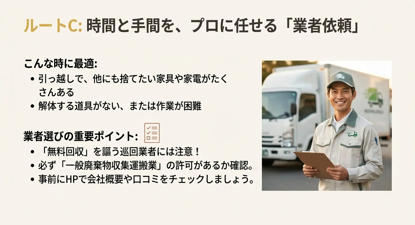 ルートC：業者依頼。笑顔の配送業者の写真と、業者選びの重要ポイント（許可の有無など）を記載したスライド