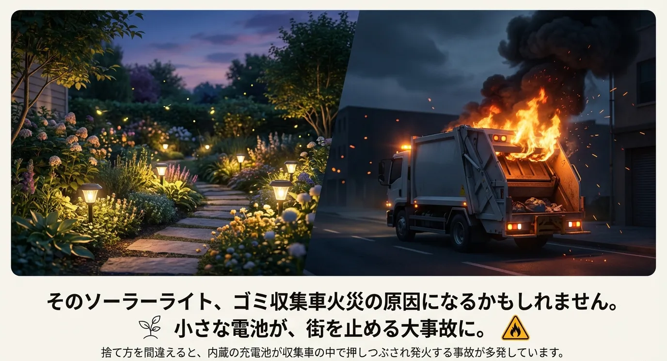 美しいソーラーライトのある庭の風景と、火災を起こしているゴミ収集車の対比画像。「そのソーラーライト、ゴミ収集車火災の原因になるかもしれません」という警告メッセージ。