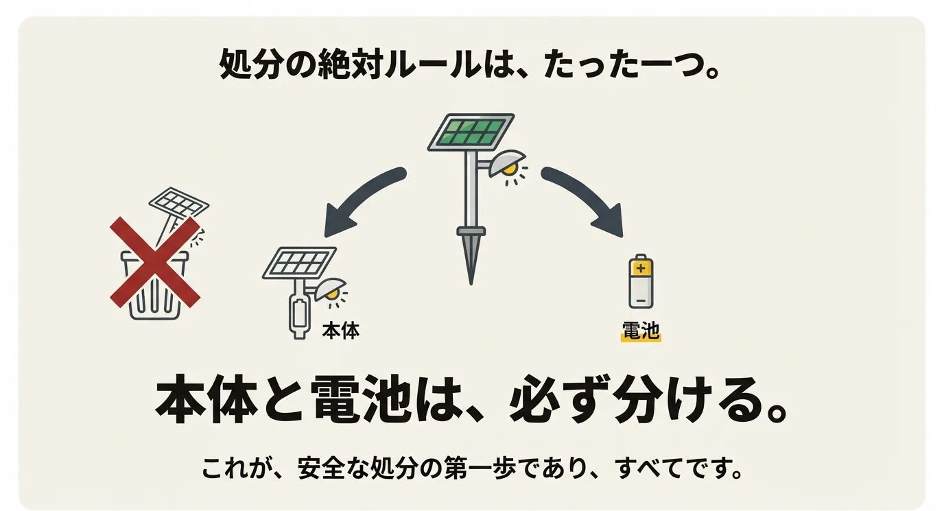 ソーラーライトをそのままゴミ箱に捨てる行為にバツ印。本体と電池を矢印で分解し、「処分の絶対ルールは、本体と電池は必ず分ける」と説明するイラスト。