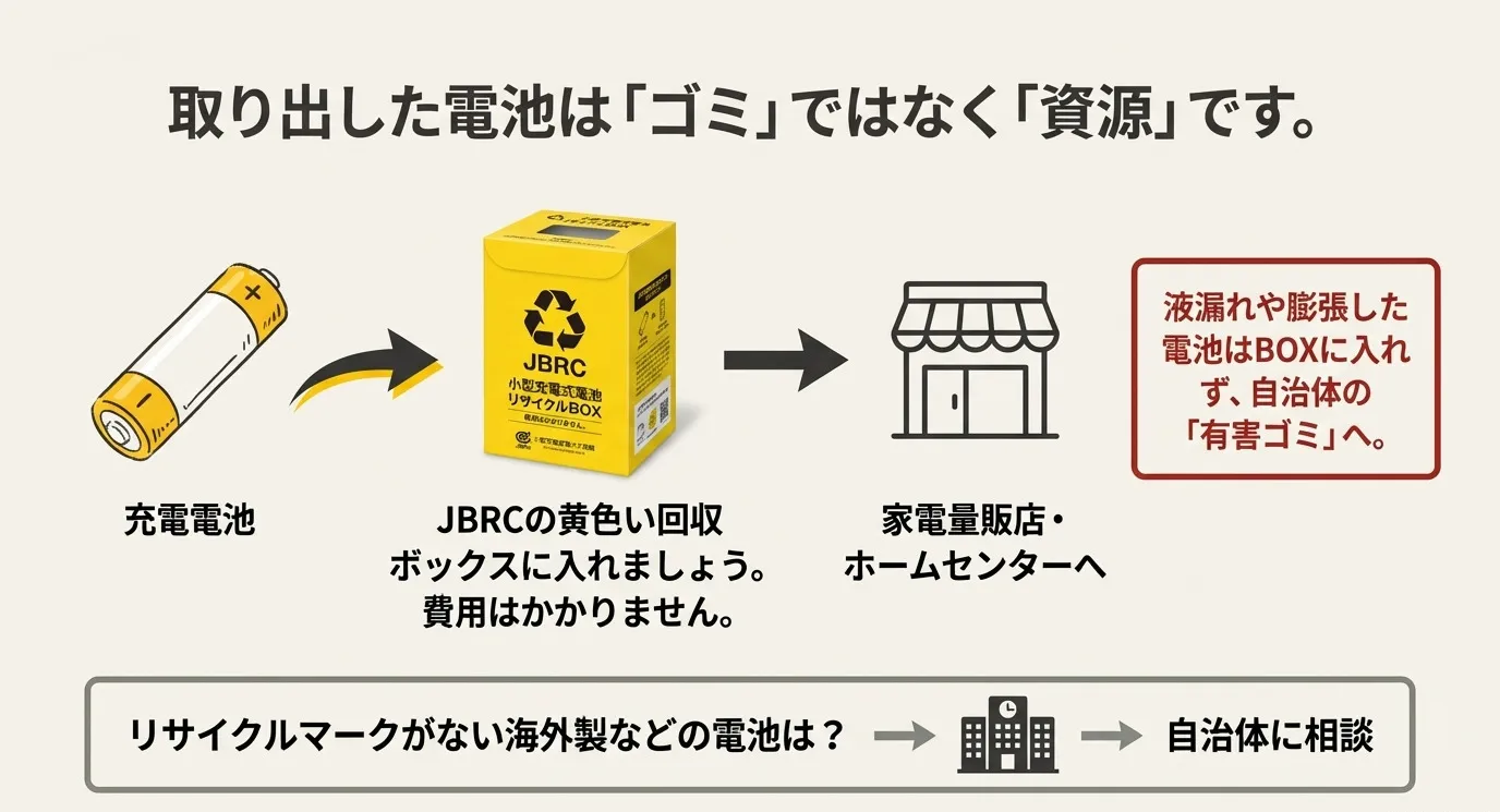 取り出した電池は「ゴミ」ではなく「資源」であることを強調。JBRCの黄色いリサイクルボックスや家電量販店へ持ち込むこと、海外製などのリサイクルマークがない電池は自治体に相談することを案内するイラスト。