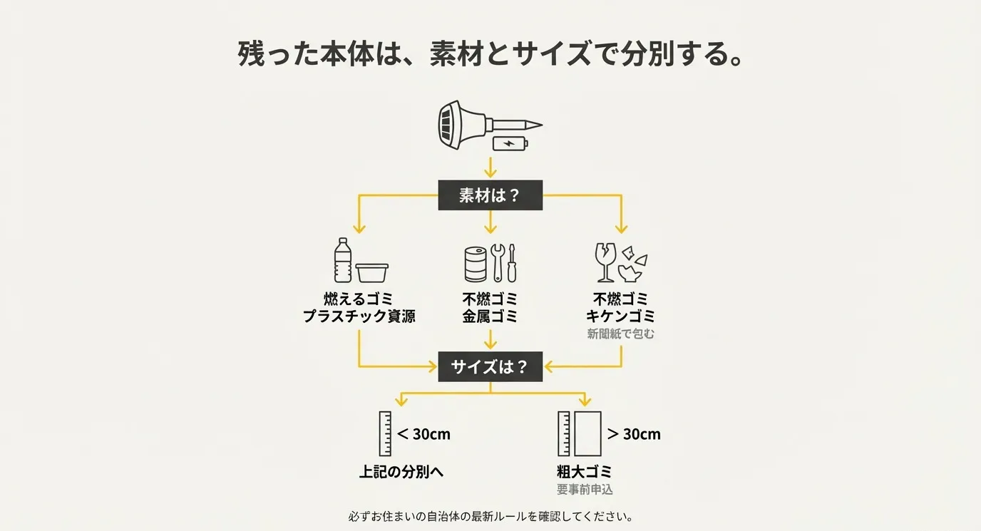 電池を外した後の本体を、「素材（プラスチック、金属、ガラス）」と「サイズ（30cm未満か以上か）」によって、燃えるゴミ、不燃ゴミ、粗大ゴミに振り分けるフローチャート。