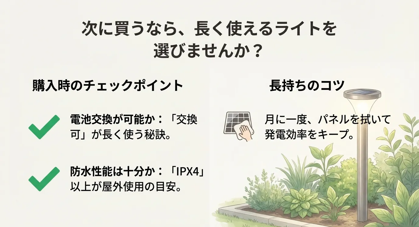 購入時のチェックポイント（電池交換可能か、防水性能IPX4以上か）と、長持ちのコツ（月に一度パネルを拭く）を説明したイラスト。