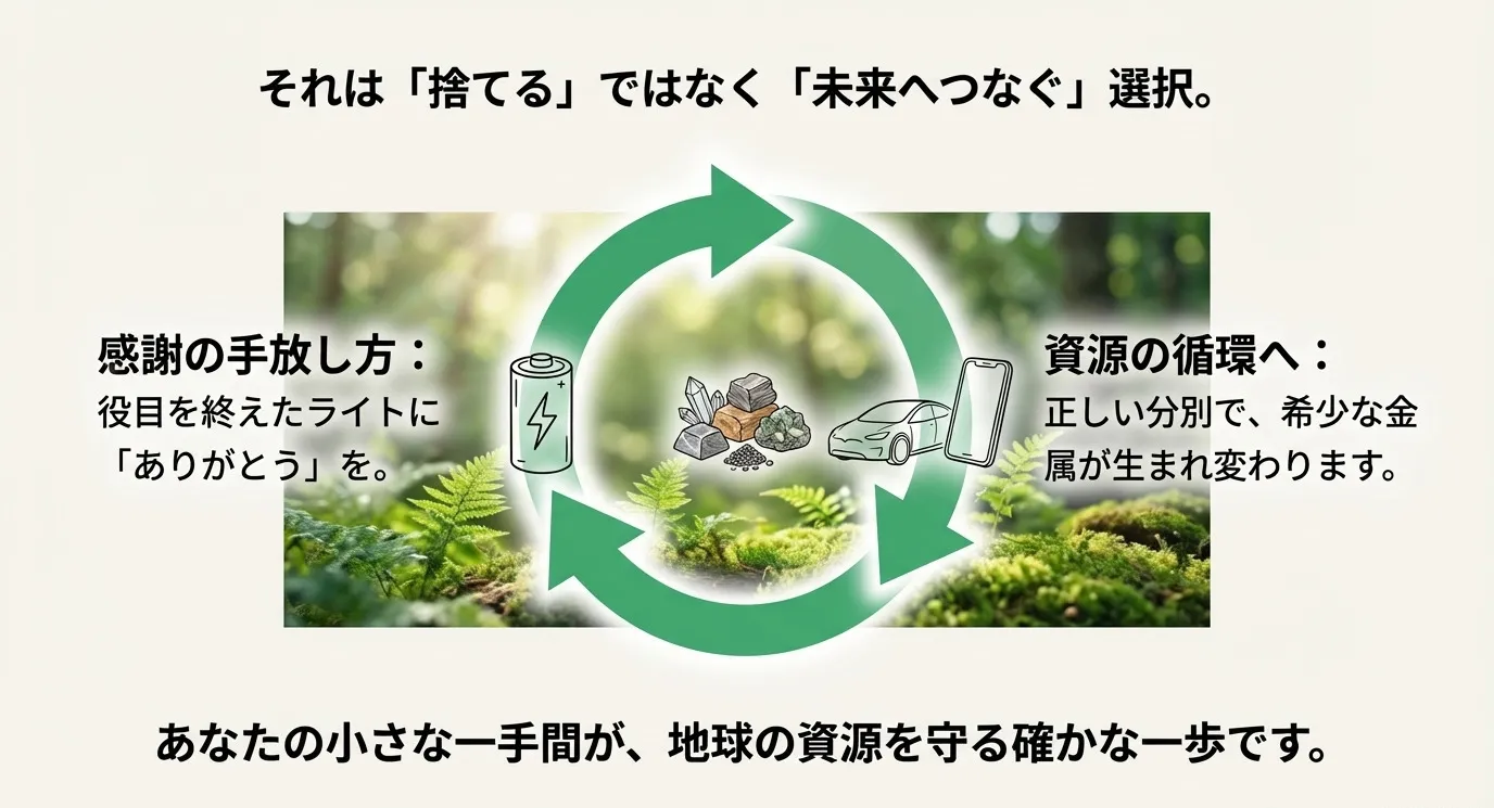 穏やかな植物のイラストとともに、「捨てるのではなく未来へつなぐ選択」「正しい分別で希少な金属が生まれ変わる」というメッセージが書かれたスライド。