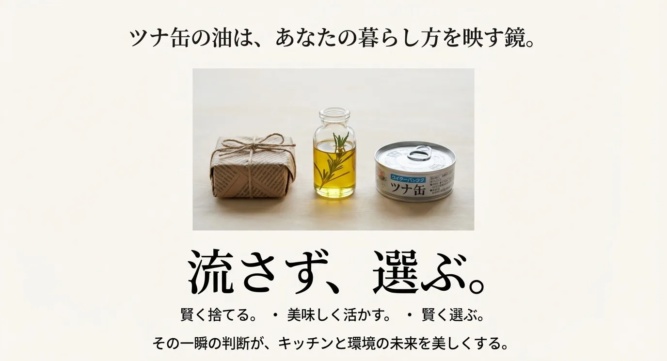 ツナ缶とオイルの瓶が並んだ写真。「流さず選ぶ」というメッセージのまとめスライド