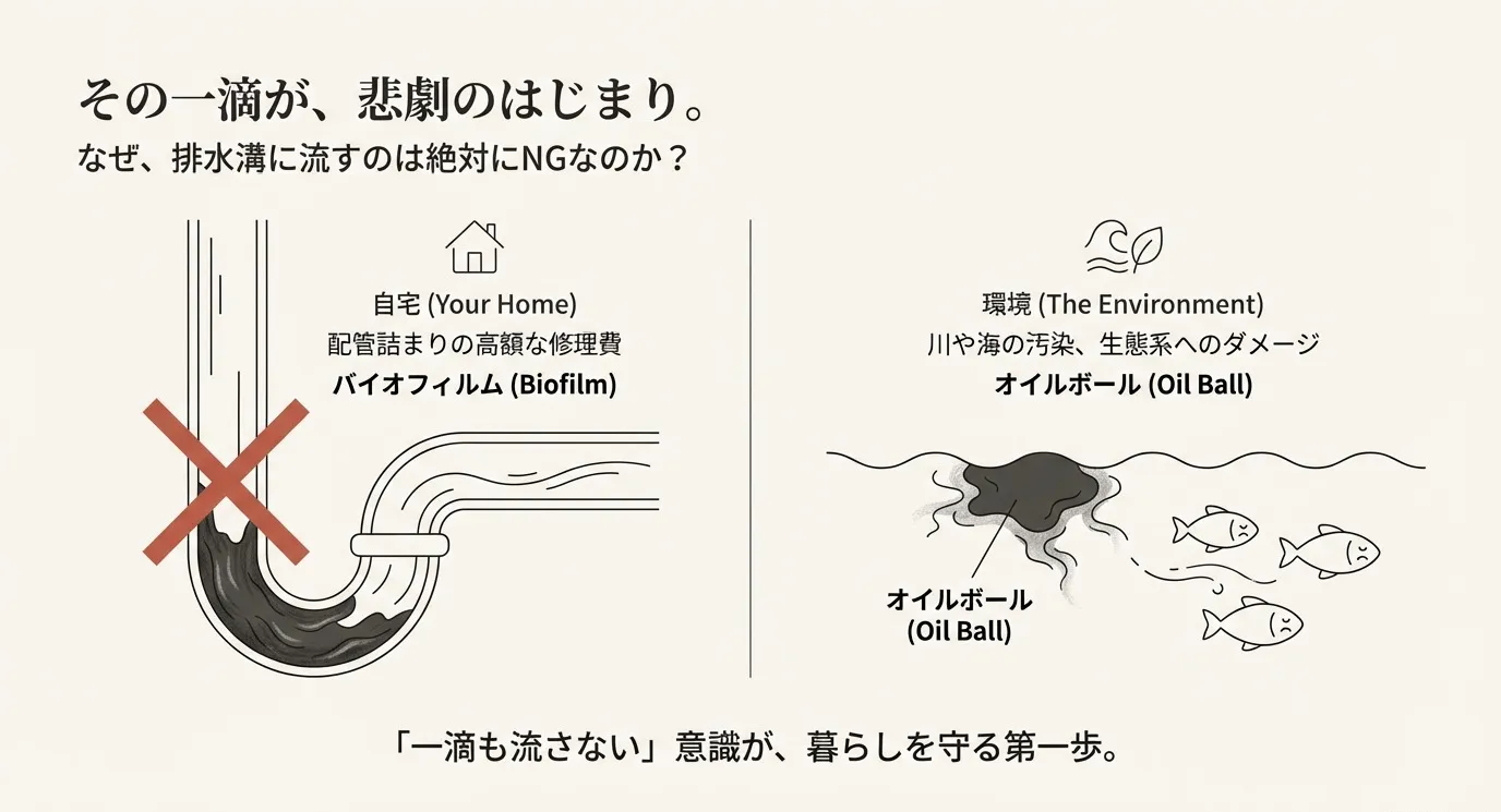 排水溝に油を流すと配管詰まりや環境汚染（オイルボール）の原因になることを警告するイラスト