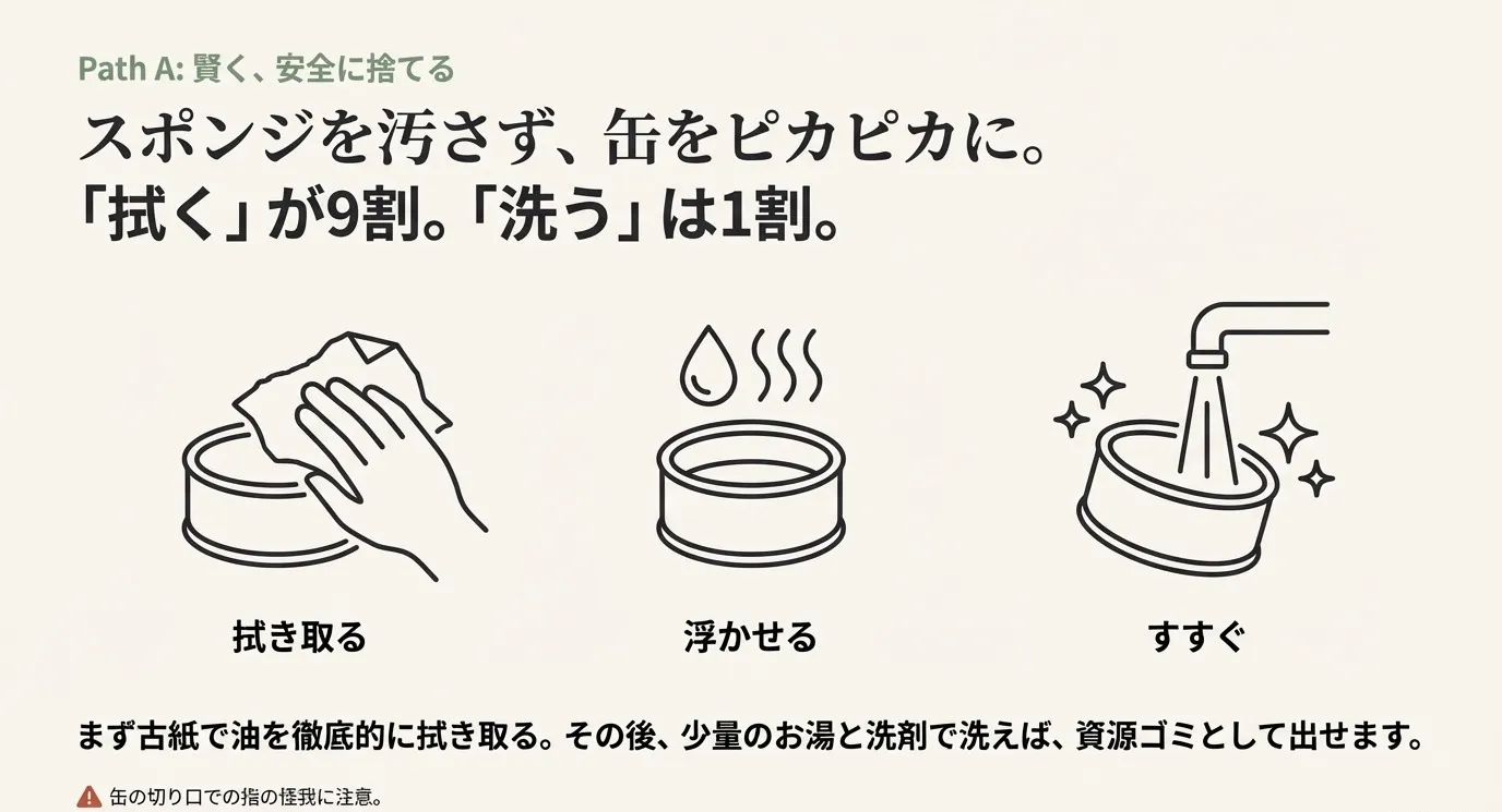 缶を洗う前に古紙で拭き取り、少量のお湯と洗剤で洗う手順を示すイラスト