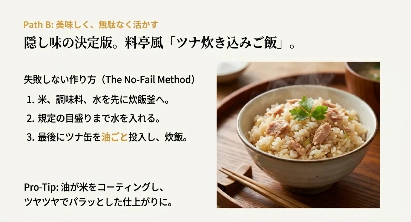 ツナの炊き込みご飯の写真と、失敗しない作り方の手順