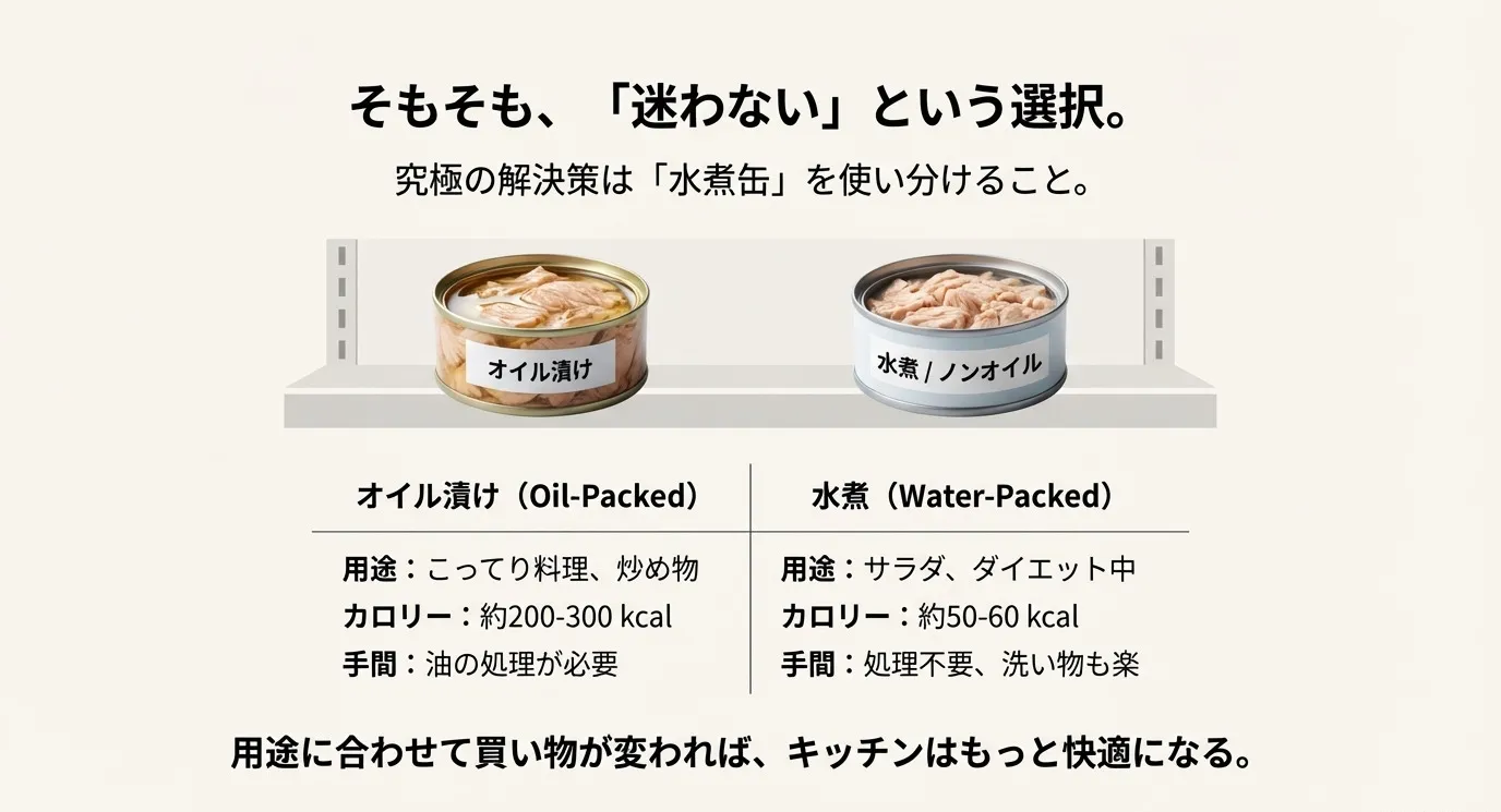 オイル漬けと水煮（ノンオイル）の用途やカロリーの違いを比較した表