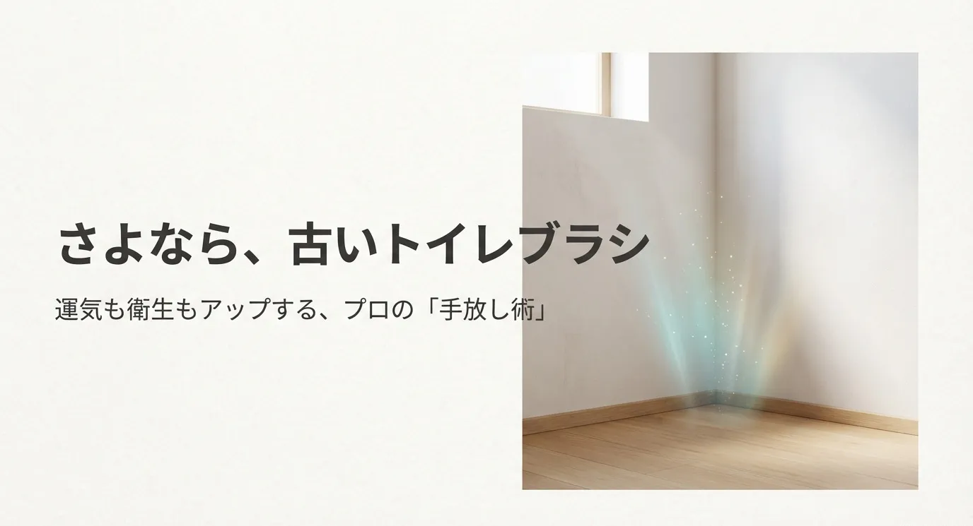 トイレブラシのイラストと「さよなら、古いトイレブラシ」というタイトル文字。運気と衛生をアップするプロの手放し術というキャッチコピー
