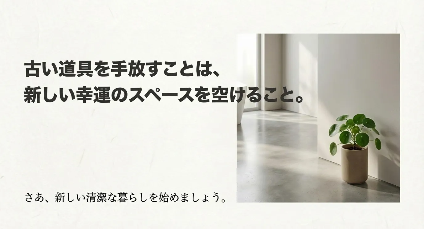 清潔なトイレ空間と観葉植物の写真。「古い道具を手放すことは、新しい幸運のスペースを空けること」というメッセージスライド