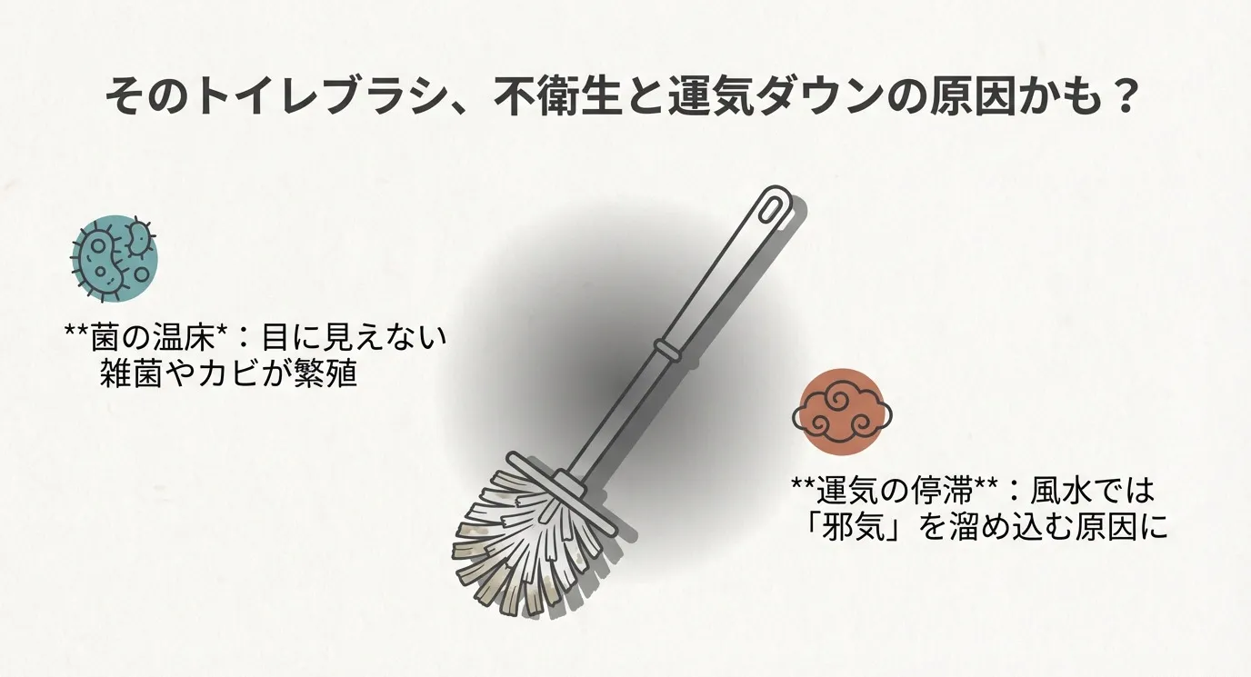 汚れたトイレブラシのイラスト。「菌の温床」として雑菌やカビが繁殖すること、「運気の停滞」として邪気を溜め込む原因になることを警告するスライド
