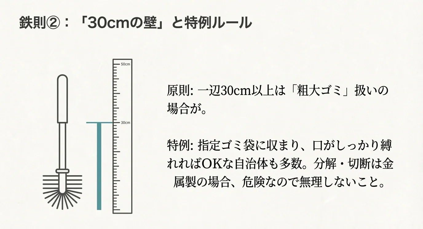 トイレブラシと定規のイラスト。原則30cm以上は粗大ゴミだが、指定袋に入ればOKという特例や、無理な分解は危険であるという注意点
