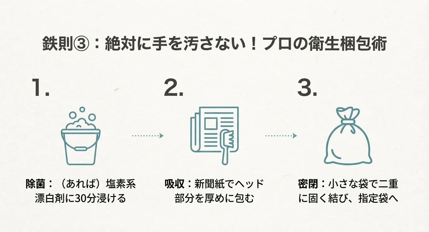 バケツ、新聞紙とブラシのイラスト。「除菌」「吸収」「密閉」の3ステップで、手を汚さずに梱包する手順を図解したスライド