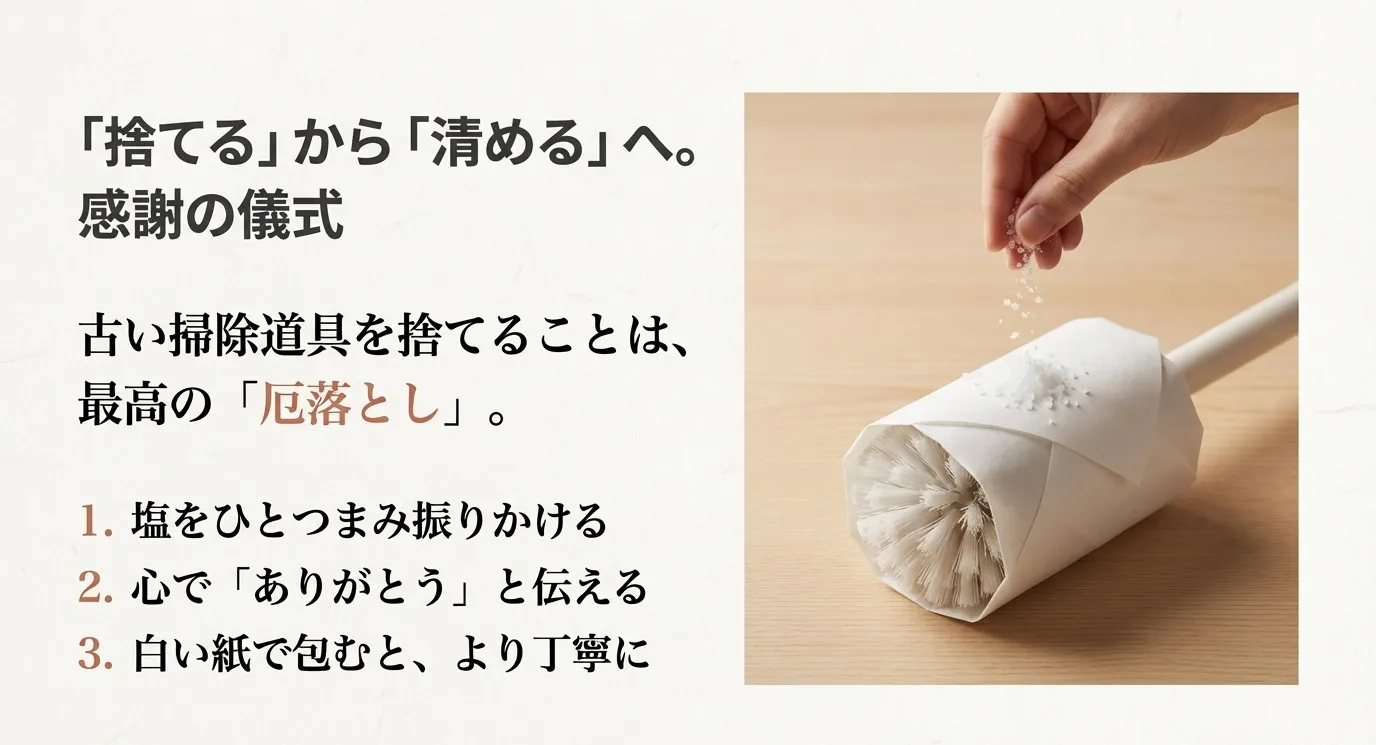 包んだブラシに塩を振っている写真。捨てるから清めるへ意識を変え、塩と感謝の言葉、白い紙を使って手放す手順を示したスライド。