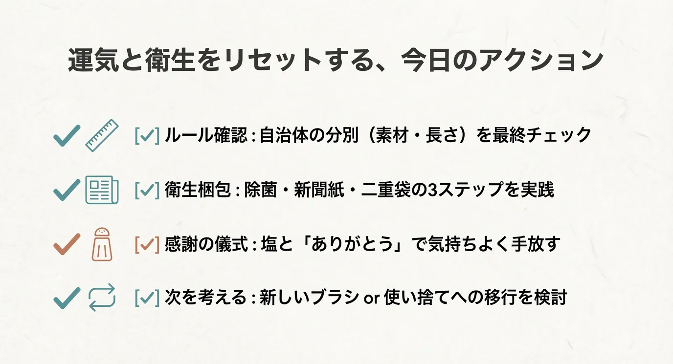 ルール確認、衛生梱包、感謝の儀式、次を考えるという4つの項目にチェックマークが入った、行動を促すまとめのスライド