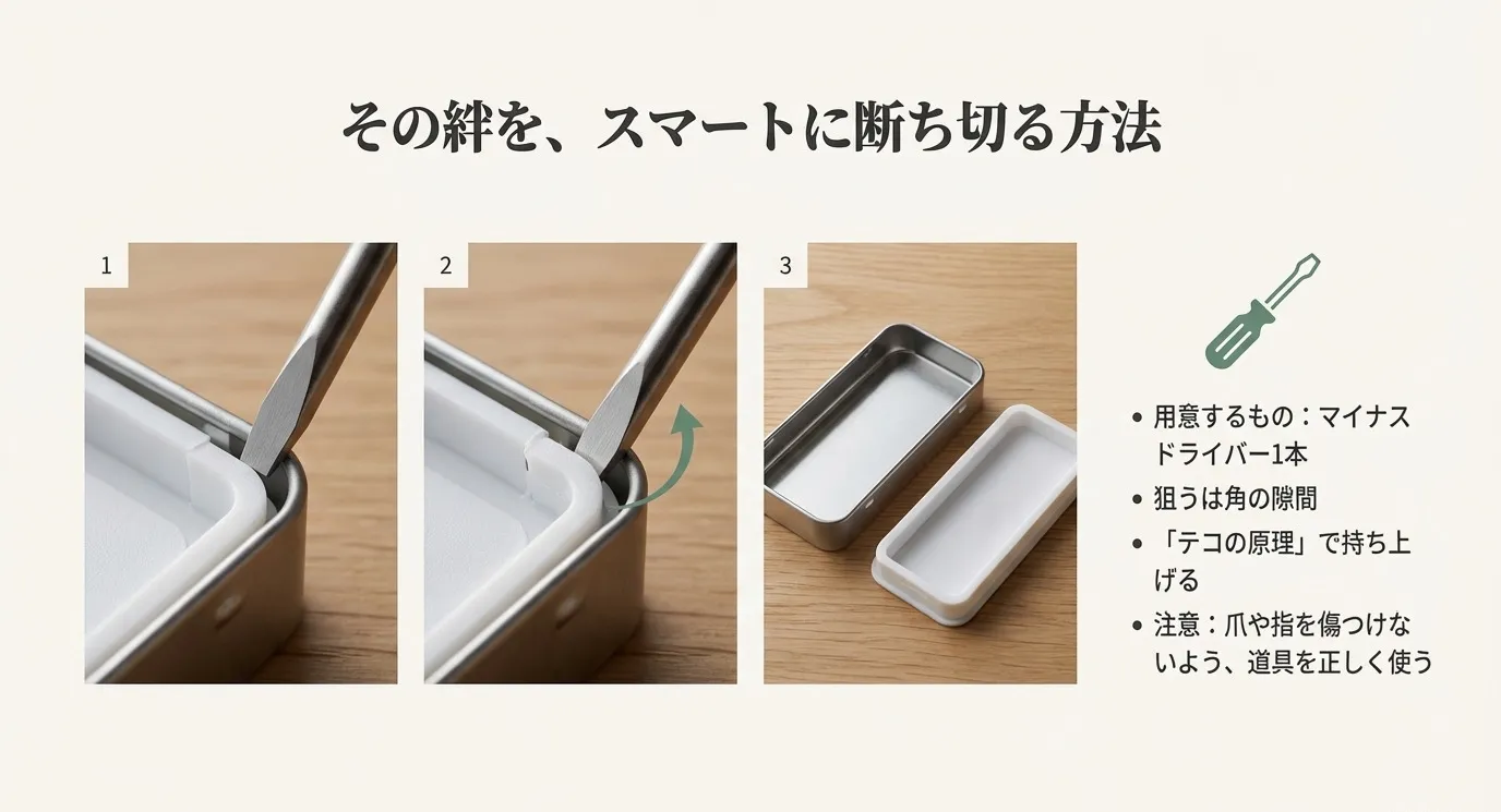 マイナスドライバーを使い、フリスク缶の角の隙間からプラスチック枠を持ち上げて分解する3ステップの写真