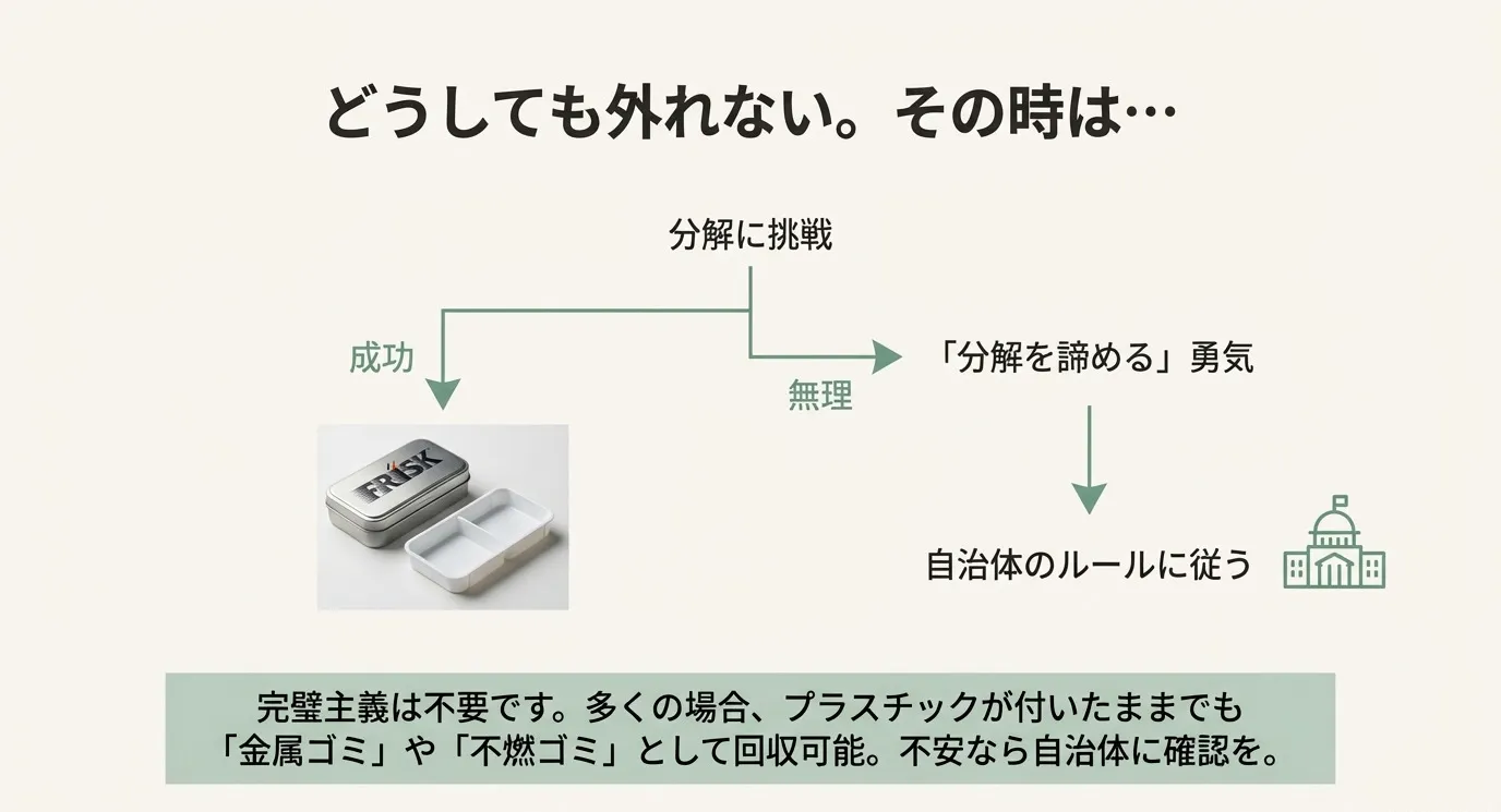 「分解に挑戦」して成功なら分別、無理なら「分解を諦める勇気」を持って自治体のルールに従うという流れを示した図