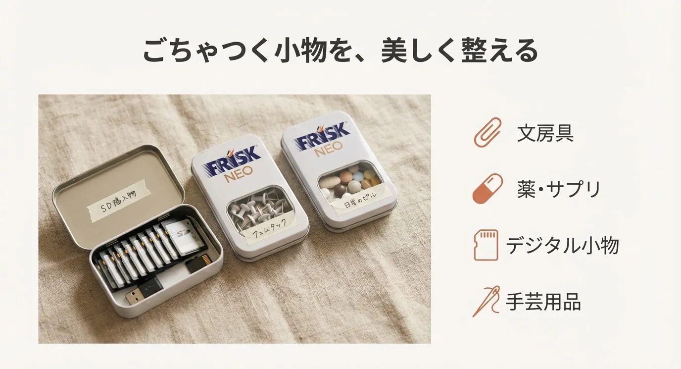 薬、文房具、デジタル小物、手芸用品など、カテゴリー別にフリスク缶へ収納するアイデア一覧