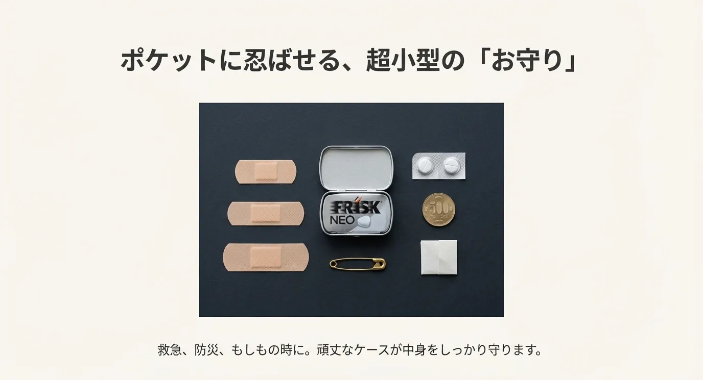 フリスク缶の中に絆創膏、薬、安全ピン、500円玉などを詰めた防災・救急セットの写真