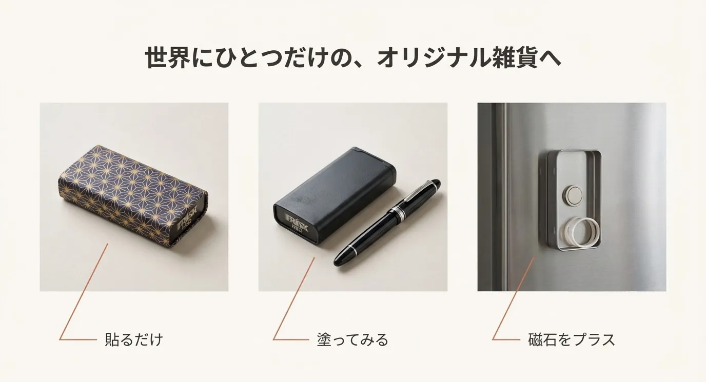 和柄のテープを貼ってリメイクした缶と、裏面に磁石をつけて冷蔵庫に貼り付けた活用例の写真