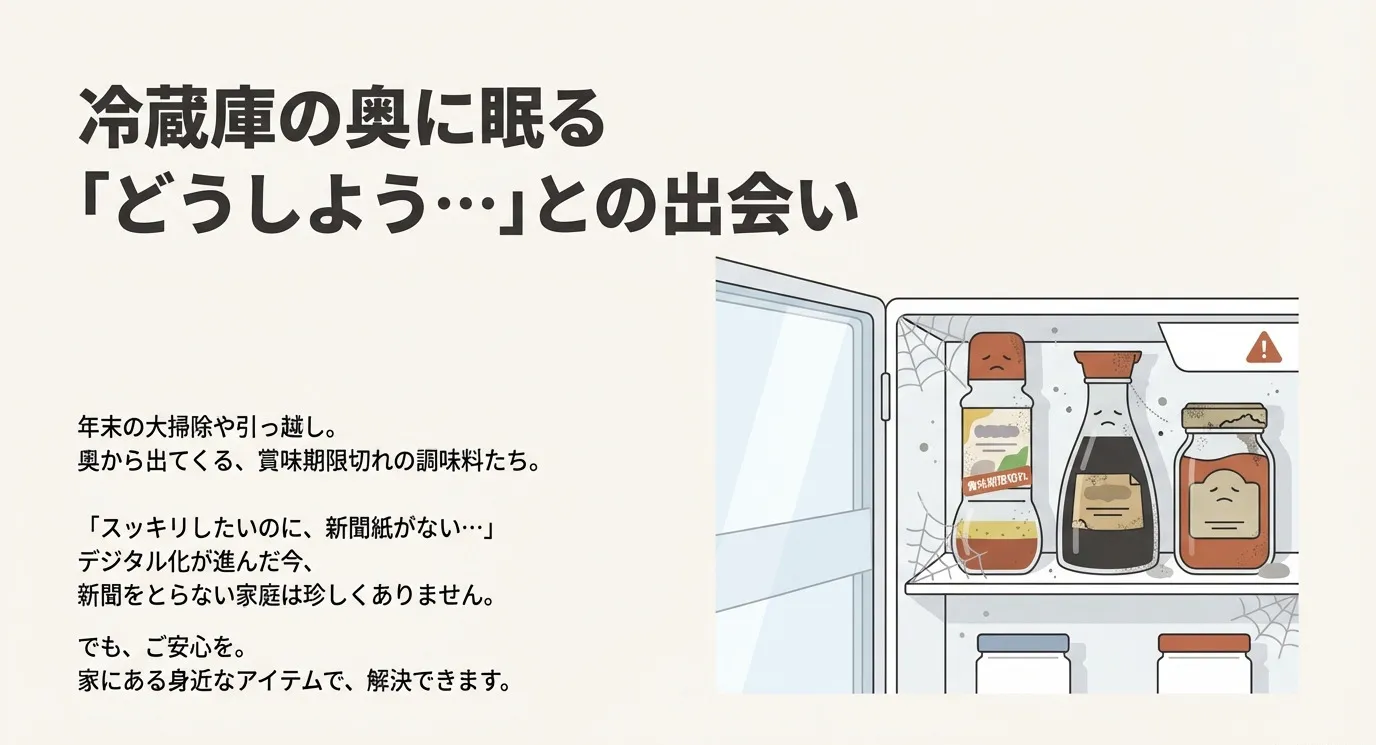 冷蔵庫の棚の奥で、蜘蛛の巣が張り賞味期限が切れた調味料の瓶たちが悲しそうな顔をしているイラスト